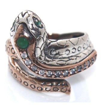 RMB|Anello serpente argento 925 zirconi  bianchi e Radice di smeraldo misura 19