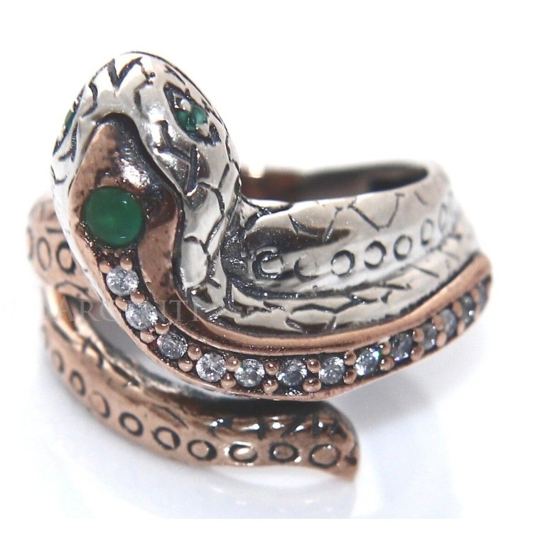 RMB|Anello serpente argento 925 zirconi  bianchi e Radice di smeraldo misura 19