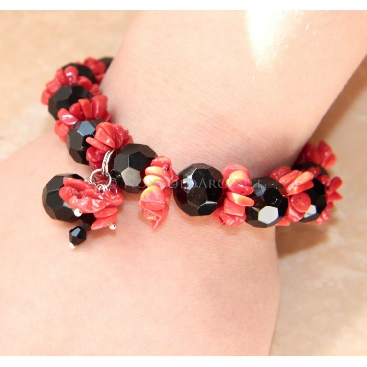 RMB|Natural coral and black agate bracelet with elastic tuft for women