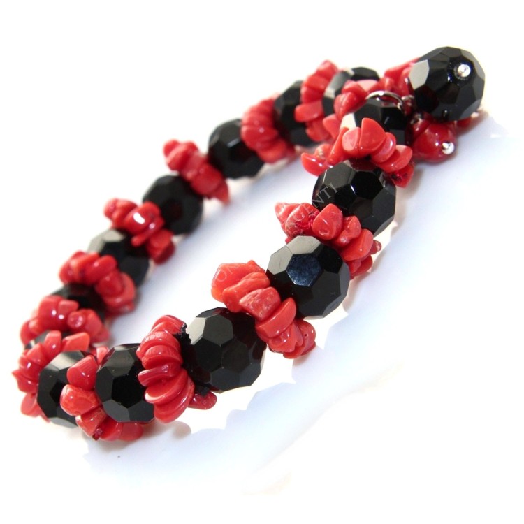 RMB|Natural coral and black agate bracelet with elastic tuft for women
