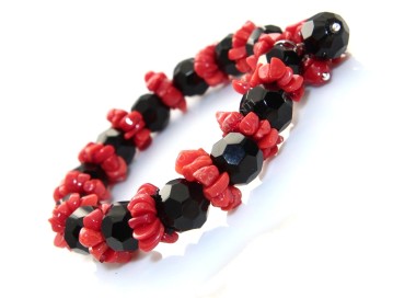 RMB|Bracciale Corallo naturale e agata nera con ciuffo elastico donna