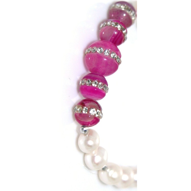 RMB|Bracciale Perle coltivate e agata rosa fucsia con zirconi elastico donna