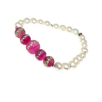 RMB|Pearl bracelet with fuchsia pink agate and elastic woman zircons