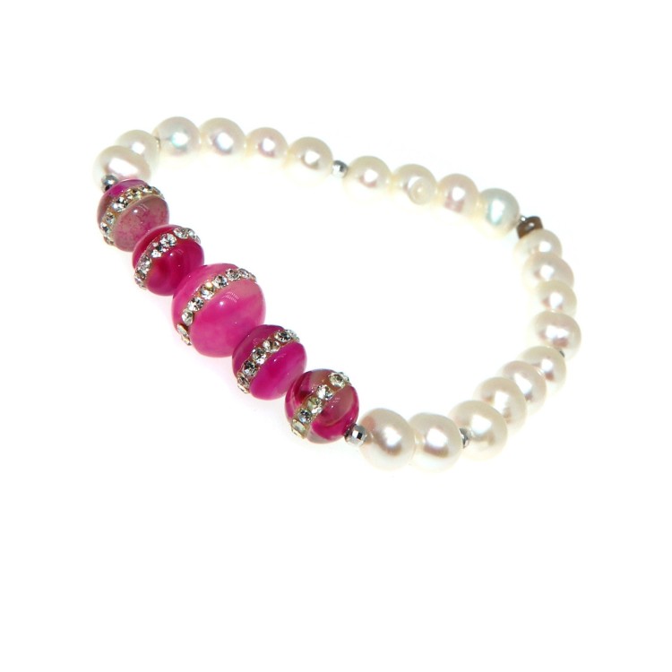 RMB|Bracciale Perle coltivate e agata rosa fucsia con zirconi elastico donna