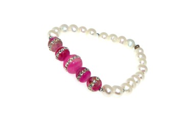 RMB|Bracciale Perle coltivate e agata rosa fucsia con zirconi elastico donna