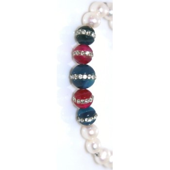 RMB|Pearl bracelet with blue and fuchsia agate and elastic woman zircons