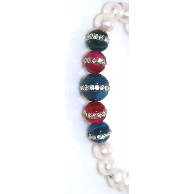 RMB|Pearl bracelet with blue and fuchsia agate and elastic woman zircons