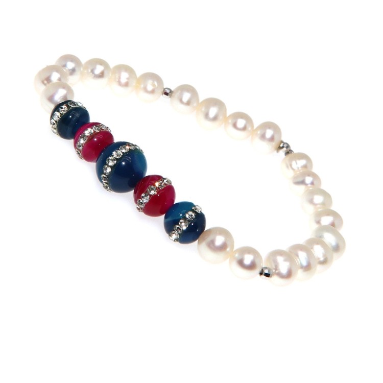 RMB|Pearl bracelet with blue and fuchsia agate and elastic woman zircons