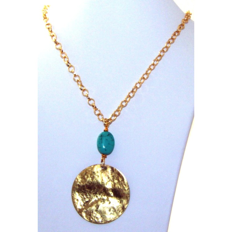RMB|medallion necklace with turquoise paste in golden aluminum for women