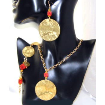 RMB|medallion with coral paste in golden aluminum necklace anklet bracelet earrings