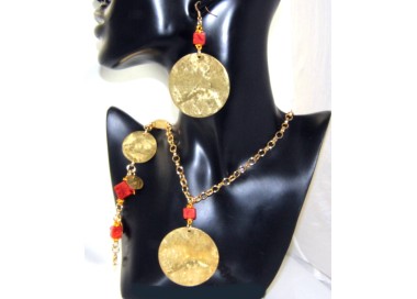 RMB|medaglione con pasta di corallo in alluminio dorato collana cavigliera bracciale orecchini