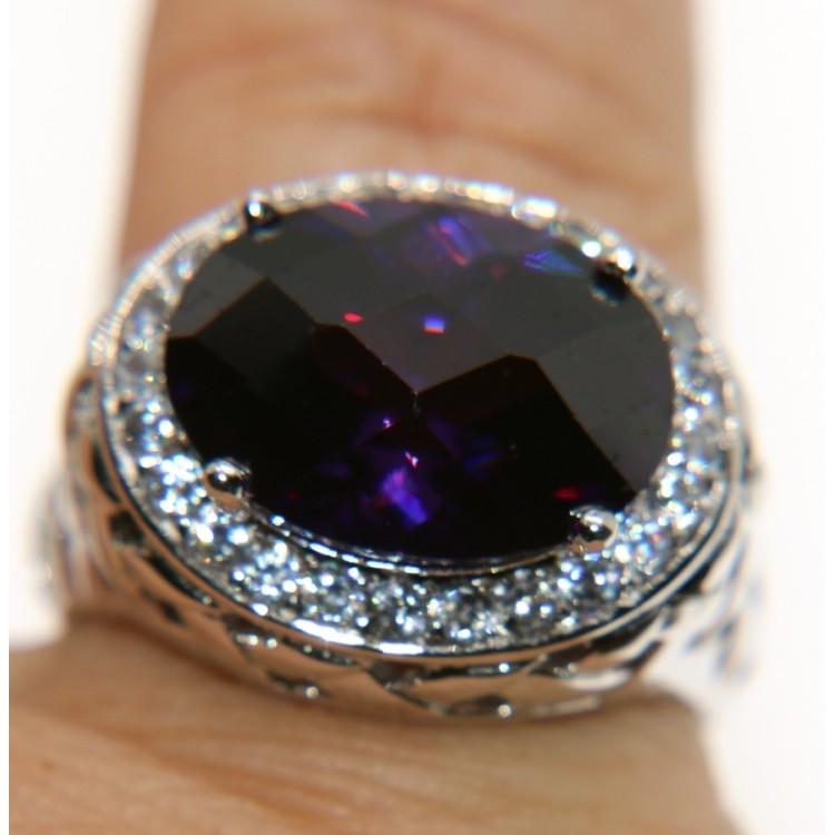 RMB|oval chevalier ring 925 silver amethyst purple and white zircons size 21 for women and men