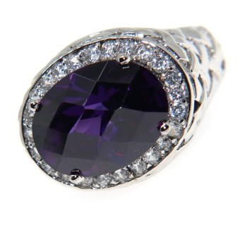 RMB|anello chevalier ovale argento 925 zirconi viola ametista e bianchi  misura 21 donna uomo