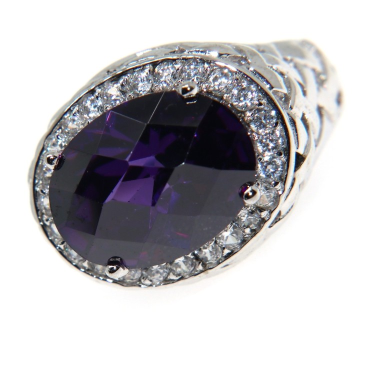 RMB|oval chevalier ring 925 silver amethyst purple and white zircons size 21 for women and men
