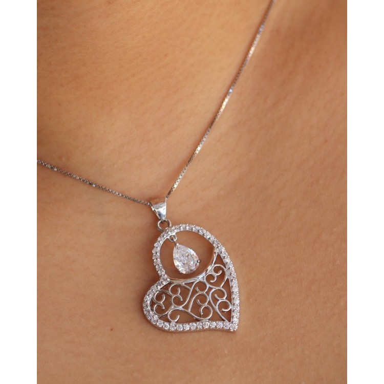 RMB|925 silver choker necklace with cubic zirconia arabesque heart pendant