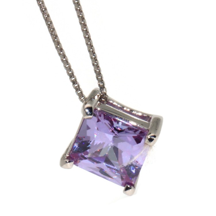 RMB|Collana argento 925 punto luce quadrato viola zircone 10mm carrè grande girocollo
