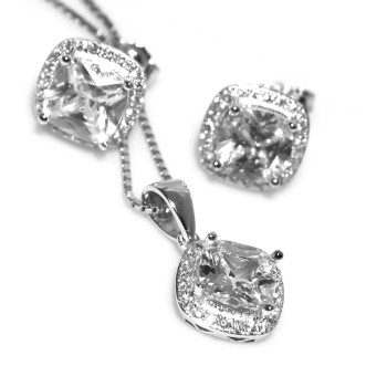 RMB|Parure argento 925 zircone grande quadrato collana e Orecchini abbinati