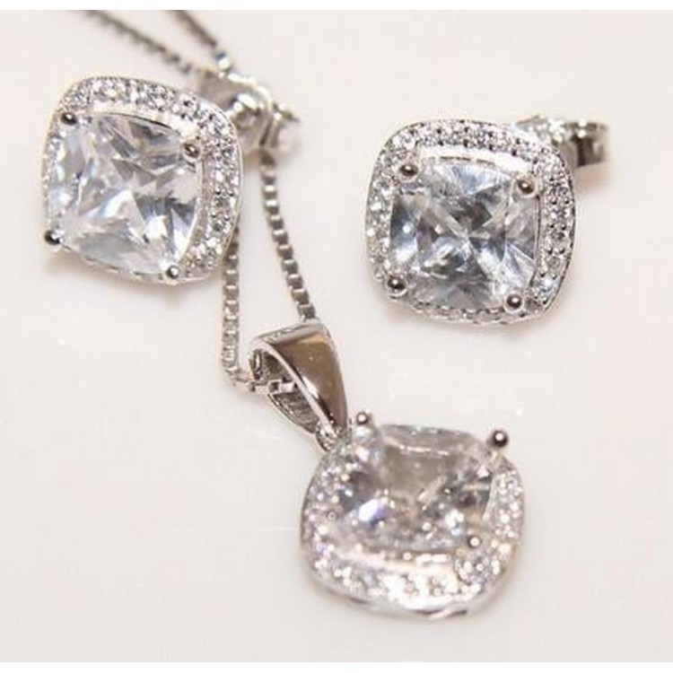 RMB|Parure argento 925 zircone grande quadrato collana e Orecchini abbinati