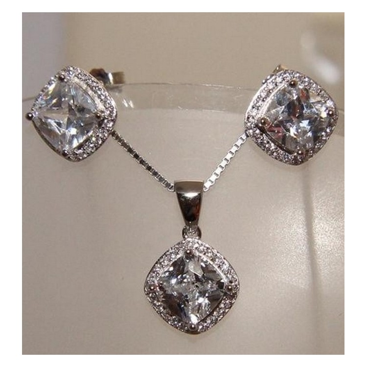 RMB|Parure argento 925 zircone grande quadrato collana e Orecchini abbinati