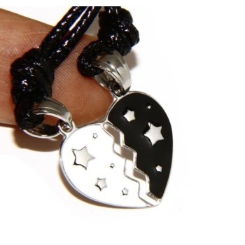 RMB|ciondolo cuore spezzato acciaio cuore stelle smaltato bianco nero lui lei