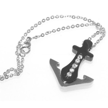 RMB|Black steel anchor necklace with white zircons for men