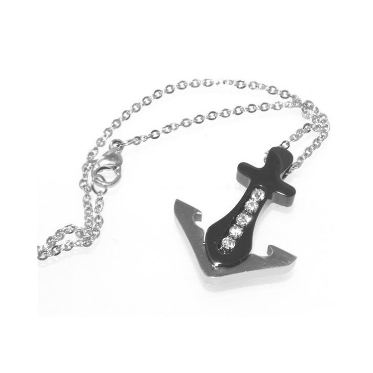 RMB|Black steel anchor necklace with white zircons for men