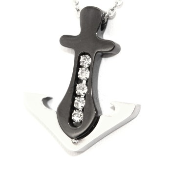 RMB|Black steel anchor necklace with white zircons for men
