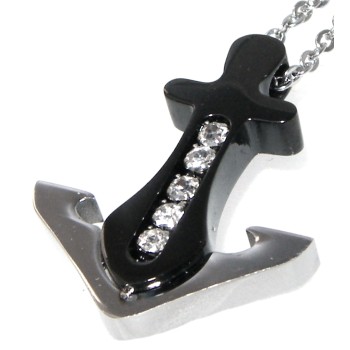 RMB|Black steel anchor necklace with white zircons for men