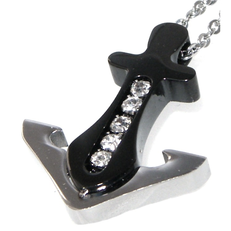 RMB|Black steel anchor necklace with white zircons for men