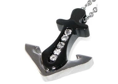 RMB|Black steel anchor necklace with white zircons for men