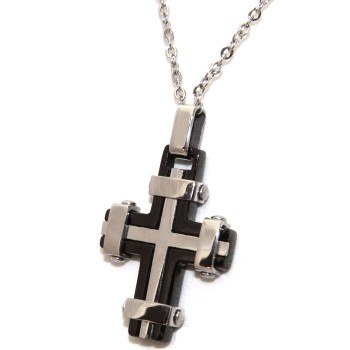 RMB|two-tone black or chrome-plated cross steel necklace for men