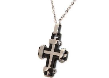 RMB|collana ciondolo croce potenziata acciaio nero o cromato per uomo