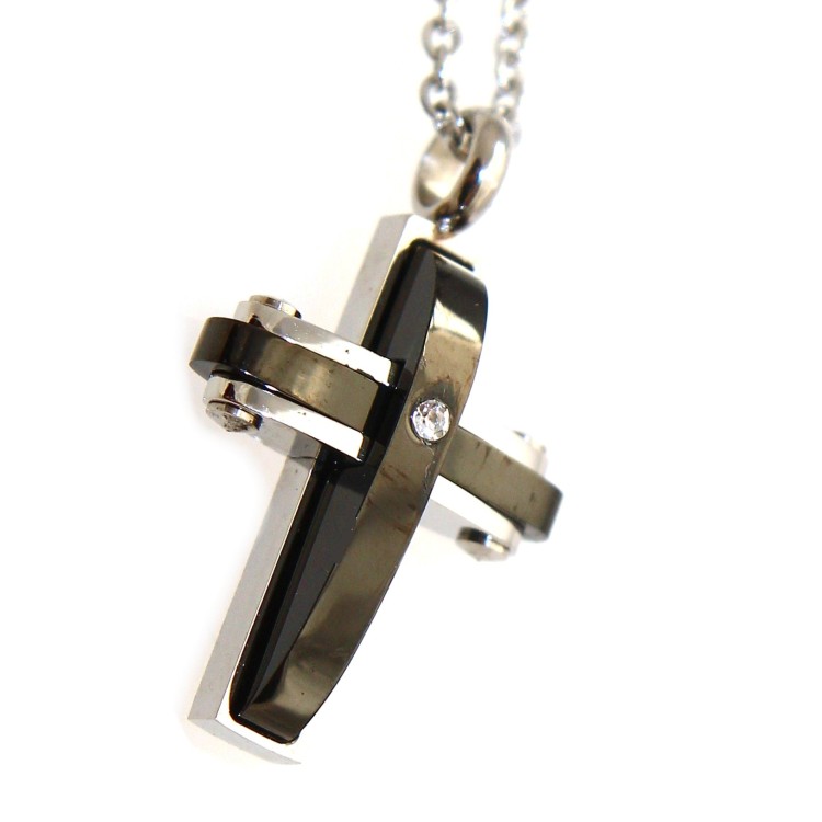 RMB|Stainless steel black cross pendant necklace with zircon for men