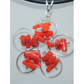 RMB|collana fiore argento 925 con corallo verace, margherita laccio in caucciu