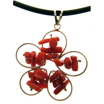 RMB|925 silver daisy with real coral, rubber necklace with flower