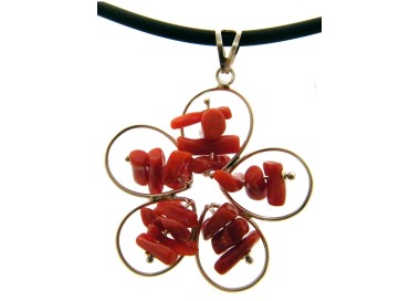 RMB|collana fiore argento 925 con corallo verace, margherita laccio in caucciu