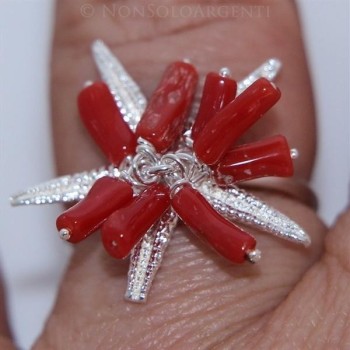 RMB|925 coral silver ring with starfish and adjustable tuft