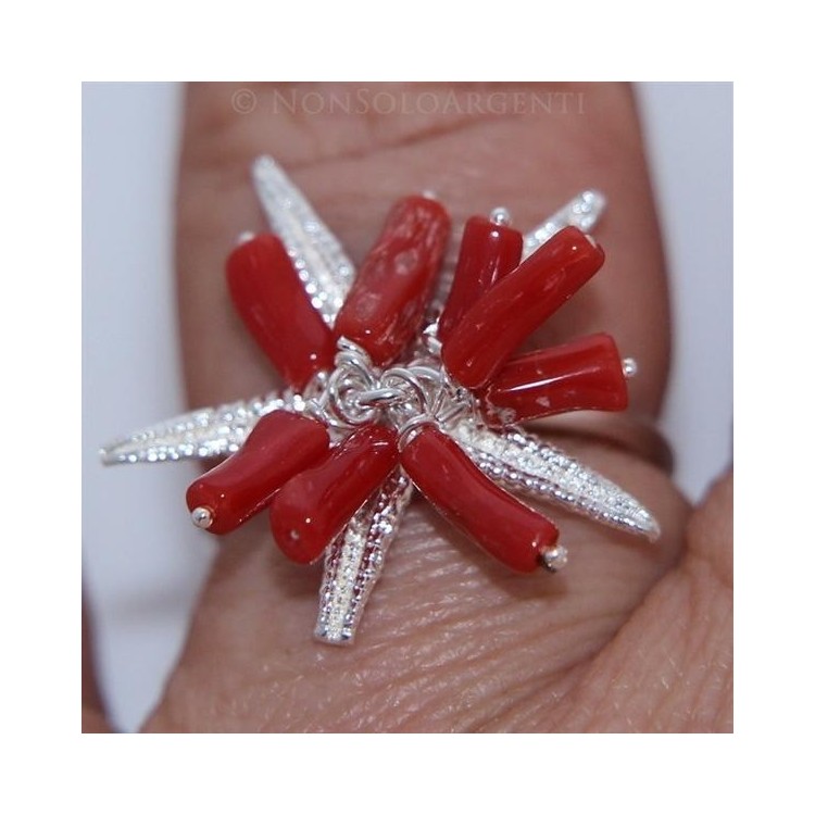 RMB|anello argento 925 corallo con stella marina e ciuffo regolabile