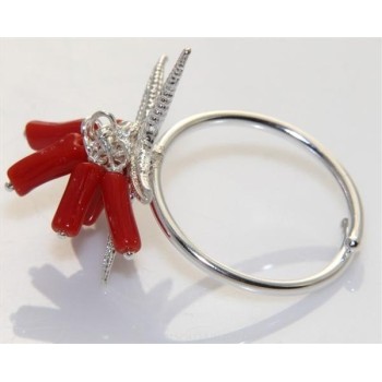 RMB|anello argento 925 corallo verace con stella marina e ciuffi regolabile