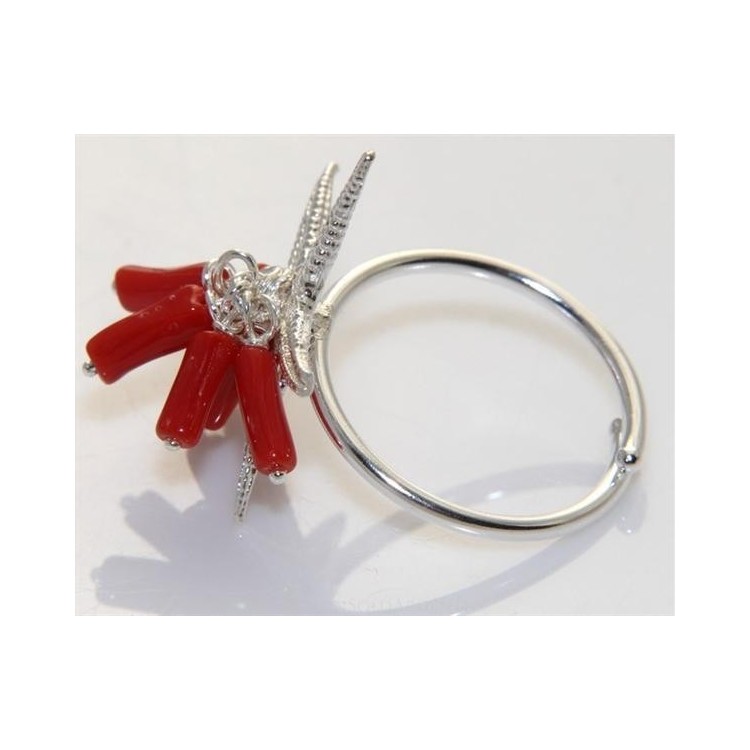 RMB|925 silver ring real coral with starfish and adjustable tufts