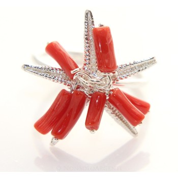 RMB|925 silver ring real coral with starfish and adjustable tufts
