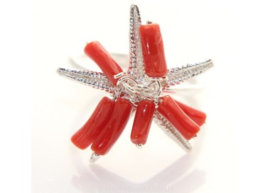 RMB|925 silver ring real coral with starfish and adjustable tufts