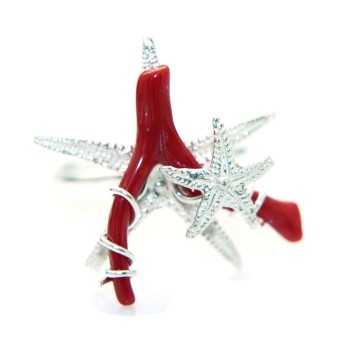 RMB|red coral ring 925 silver star and starfish woman