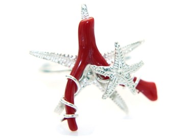 RMB|red coral ring 925 silver star and starfish woman