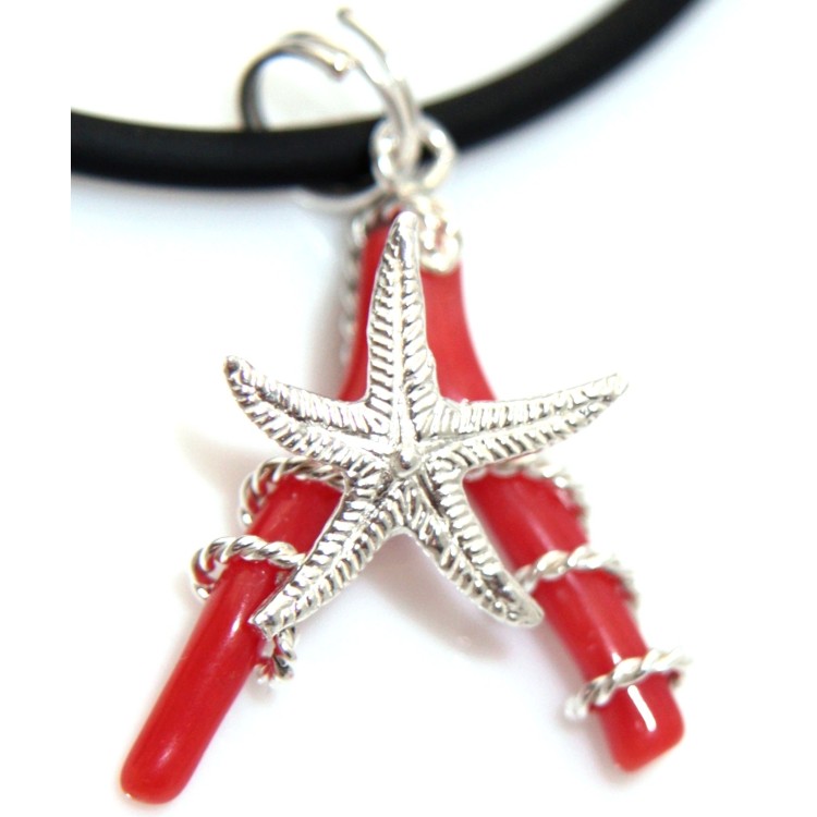 RMB|925 silver and red coral pendant with starfish for women