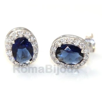 RMB|Argento 925 : orecchini donna bottone ovale stud pietra blu sapphire 11x9mm zirconi