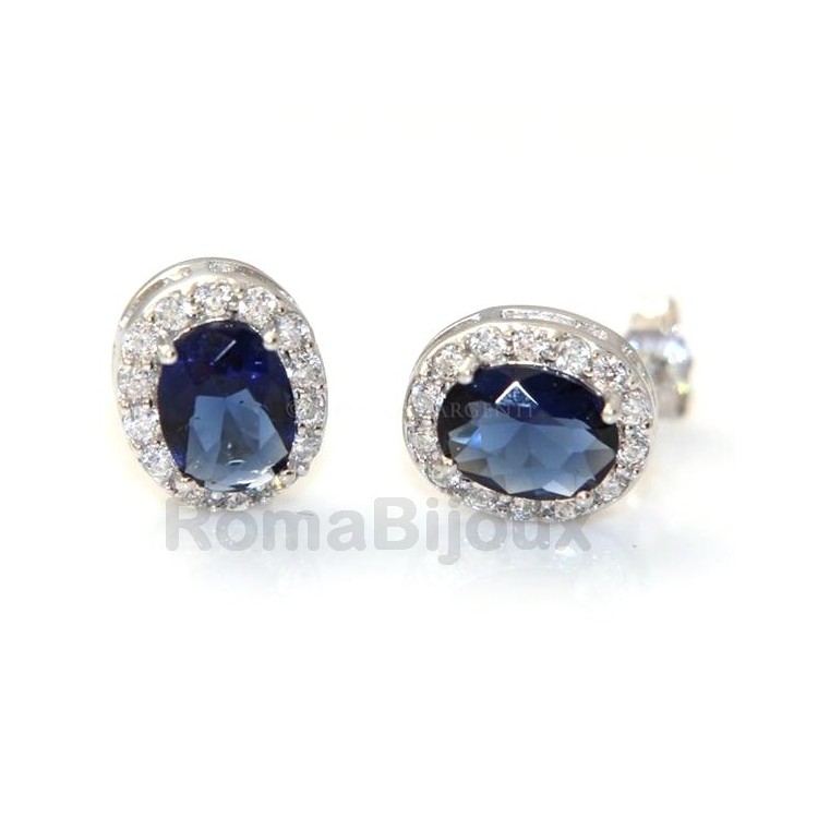 RMB|silver 925 oval button stud earrings woman blue sapphire stone 11x9mm zircons