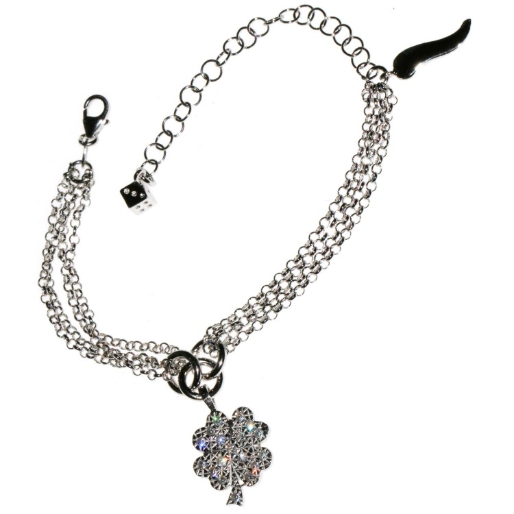 RMB|bracciale argento 925 charm dado cornetto quadrifoglio con zirconi e ciondolo