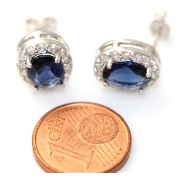 RMB|silver 925 oval button stud earrings woman blue sapphire stone 11x9mm zircons