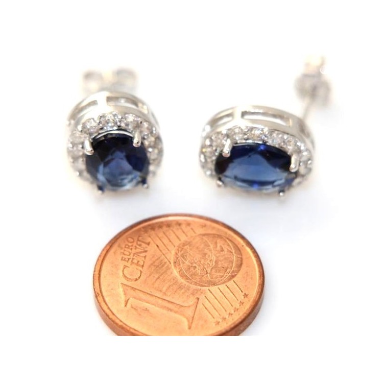 RMB|silver 925 oval button stud earrings woman blue sapphire stone 11x9mm zircons